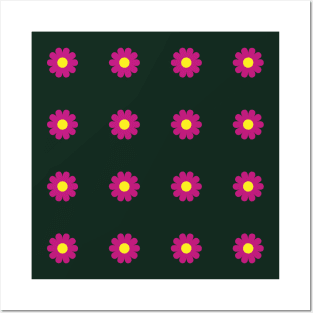 Cerise daisies with Yellow centres on a Dark Green background Posters and Art